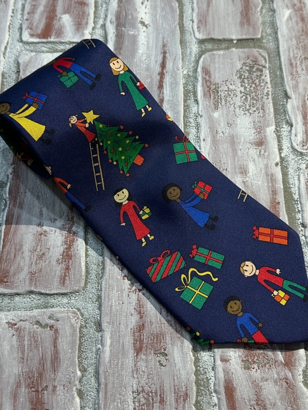Vintage Save The Children Collection Christmas 2000 100% Silk Blue Tie Necktie